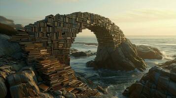 AI generated Surreal book arch construction on rugged coastal shoreline at sunset photo