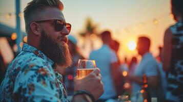 AI generated Stylish bearded man enjoying a drink at outdoor party at sunset photo