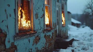 ai generado casa fuego en invierno. llamas envuelve antiguo edificio ventanas a oscuridad foto