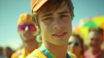 AI generated Happy teenager enjoying summer festival with friends in background photo