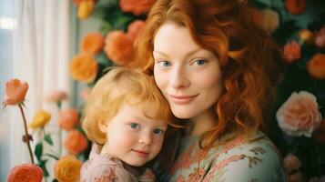 ai generado un madre abrazando su niño con amor en frente de vistoso flores generativo ai foto