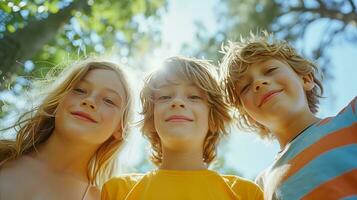 AI generated Happy children enjoying summer day outdoors against blue sky photo