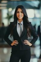 AI generated A professional young woman in a stylish suit, exuding confidence and elegance. photo