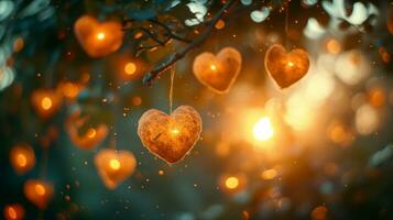 AI generated Heart-shaped lights hanging from a tree, creating a romantic ambiance. photo
