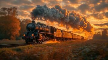 ai generado Clásico vapor tren de viaje a puesta de sol mediante campo foto