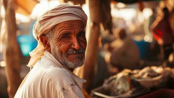 AI generated An old man sitting in the market. Generative AI photo