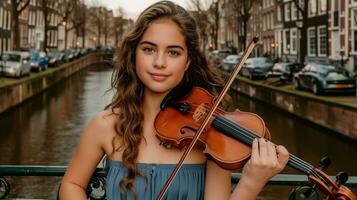 AI generated A young girl is playing a violin in front of a canal. photo