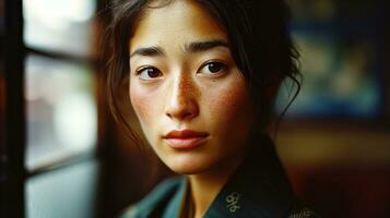 AI generated Serene young woman with freckles looking thoughtfully through window photo