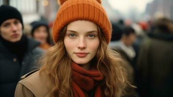 AI generated A woman wearing a hat and scarf stands out in a crowd on the street. Generative AI photo