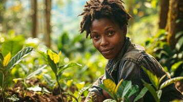 AI generated African woman smiling in lush green coffee plantation at sunset photo