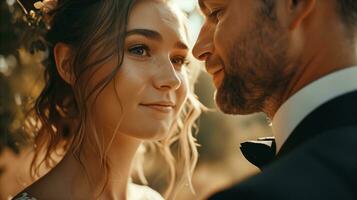 AI generated New bride and groom in front of an orchard during sunset. Generative AI photo