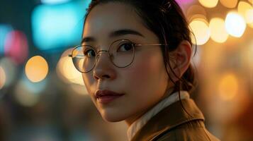 ai generado joven mujer con lentes frente a cámara, noche ciudad luces bokeh foto