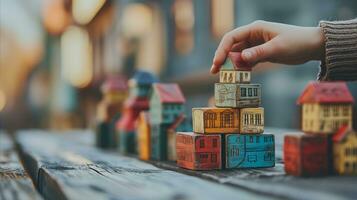 AI generated Child stacking colorful wooden block houses on a table photo