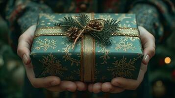 AI generated Close-up hands presenting a festive christmas gift with a golden ribbon photo
