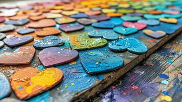 ai generado arco iris pintado corazones en un de madera mesa. generativo ai foto