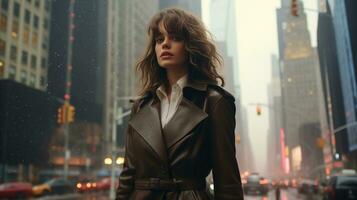 AI generated A woman in a leather jacket standing in the rain. Generative AI photo