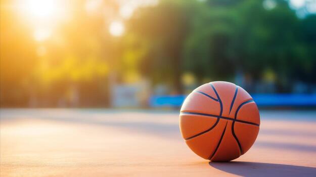 AI generated Basketball ball on court with sun in background. Generative AI photo