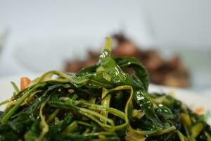 Close up stir fried spinach on white plate isolated white background photo