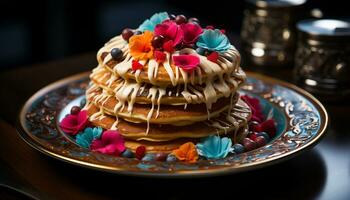 AI generated Freshly baked pancakes with a stack of sweet berries generated by AI photo