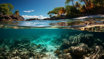 AI generated Underwater adventure fish swim in transparent blue tropical seascape generated by AI photo