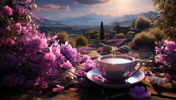 ai generado púrpura flor flores en mesa, naturaleza belleza en puesta de sol relajación generado por ai foto