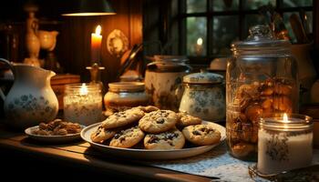 ai generado hecho en casa chocolate chip galletas, un dulce indulgencia en un rústico mesa generado por ai foto