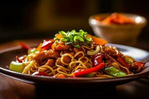 AI generated Stir-Fried Noodles with Colorful Vegetables on a Plate, Close-up Shot photo