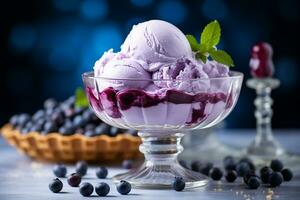 AI generated A scoop of blueberry ice cream on a glass plate accompany with fresh blueberries, Close-up Shot photo