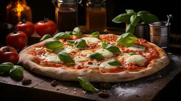 AI generated Freshly baked Margherita pizza with tomato, meat, mozzarella on wooden table, Mid-angle Shot photo