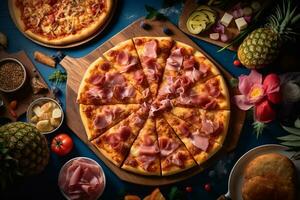 AI generated Hawaiian Pizza with Ham and Pineapple on a Wooden Table, Flat Lay shot photo