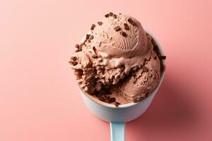 AI generated A chocolate ice cream with a scoop with creamy texture on pastel background, Overhead shot photo