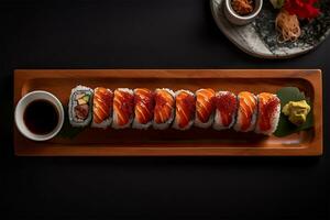 AI generated Eel Sushi Dragon Roll on a Wooden Table, Flat Lay shot photo