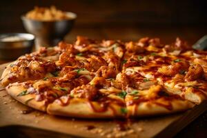 AI generated Slice of BBQ Chicken Pizza on a Platter, Mid-angle Shot photo