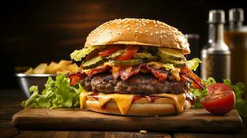 AI generated A mouth-watering Hamburgers stacked with bacon, cheese, lettuce and tomato on a rustic wooden table, Close-up Shot photo