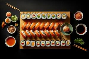 AI generated Eel Sushi Dragon Roll on a Wooden Table, Flat Lay shot photo