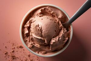 AI generated A chocolate ice cream with a scoop with creamy texture on pastel background, Overhead shot photo