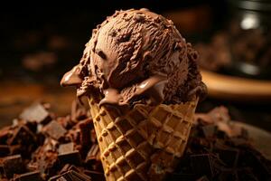 ai generado un gofre cono lleno con chocolate hielo crema en un de madera fondo, espolvoreado con cacao polvo y rodeado por oscuro chocolate, ángulo medio Disparo foto