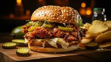 AI generated Fried chicken sandwich with pickles and cheese on neutral background, Close-up Shot photo