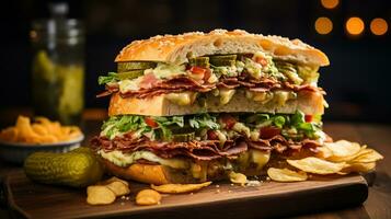 AI generated Sandwich stack with layers of gourmet accompanied by pickles and potato chips on a rustic wooden board, Close-up Shot photo