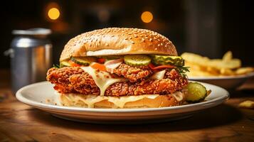 AI generated Fried chicken sandwich with pickles and cheese on neutral background, Close-up Shot photo