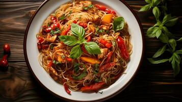 AI generated Stir-fried noodles with soy sauce on rustic table, Overhead Shot photo