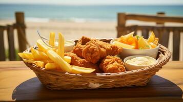 AI generated A plate of fish and chips served in a wooden basket, Mid-angle Shot photo