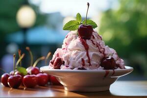 AI generated A cherry ice cream with cherry topping on wooden table, Mid-angle Shot photo