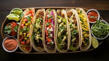AI generated An array of vegan tacos with colorful vegetable on a wooden surface, Overhead Shot photo