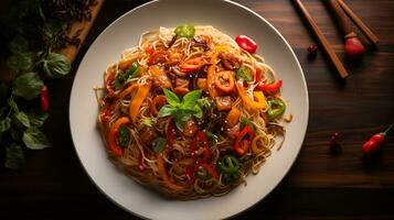 AI generated Stir-fried noodles with soy sauce on rustic table, Overhead Shot photo