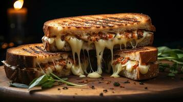 AI generated Grilled cheese sandwich with melty cheese on the wooden board, Mid-angle Shot photo