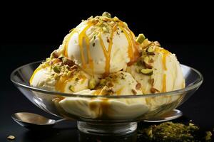 AI generated A bowl of creamy mango ice cream topped with crushed pistachios and drizzled with honey on dark background, Mid-angle Shot photo