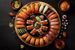 AI generated Assorted Sushi on a Wooden Platter, Flat Lay shot photo