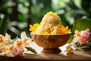 AI generated Mango ice cream in a bowl surrounded by tropical flowers and leaves, Mid-angle Shot photo