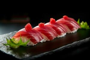ai generado atún Sushi nigiris, de cerca Disparo foto